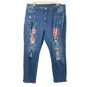 Womens 3XL Jeans Hi‎ Rise Pink Patches Ripped Medium Wash Denim Tapered Stretch
